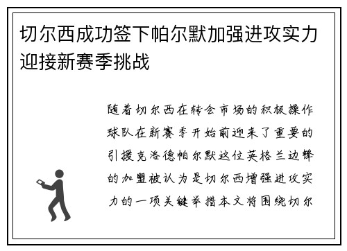 切尔西成功签下帕尔默加强进攻实力迎接新赛季挑战 切尔西成功签下帕尔默加强进攻实力迎接新赛季挑战